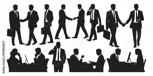 Professional business people silhouettes set working in office and shaking hands with partners vector graphic