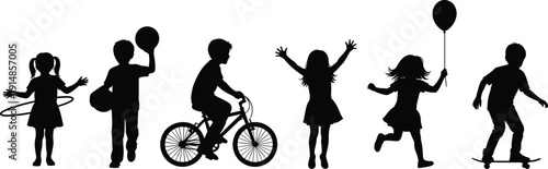 Black vector silhouette set of diverse children playing with hula hoop ball bicycle balloon and skateboard for childhood education playground and active lifestyle branding