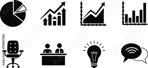 Business and finance icon set with charts graphs office chair teamwork light bulb and communication symbols black silhouette vector illustration isolated
