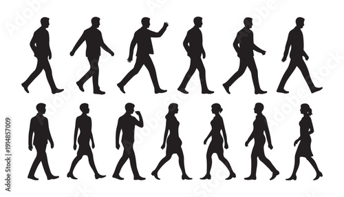 Diverse group of people walking and moving silhouettes isolated on white background for architectural projects