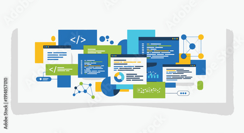 Code snippets and program panels on a digital dashboard for software development