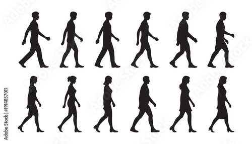 Human walking silhouettes set including different men and women figures in various poses for vector graphics