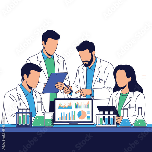 Medical researchers in lab coats analyzing data on laptop and tablet