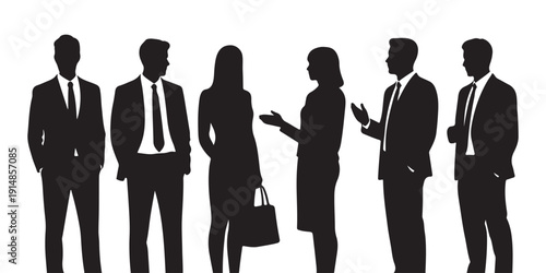 Group of business partners silhouettes standing and talking in a professional corporate environment illustration