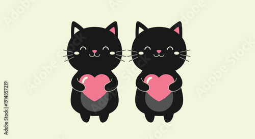 Two Black Cats Holding Hearts in Front of Pale Green Background