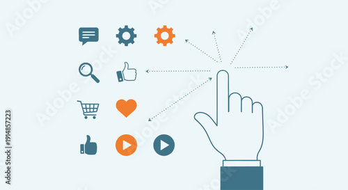 Hand cursor interacting with social icons and actions