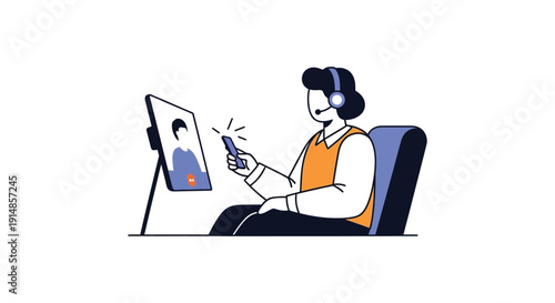 A person wearing headphones engages in a video call while seated depicted in a modern style on transparent background silhouette