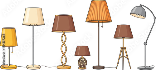 Collection of modern and vintage floor and table lamps isolated on white background, stylish home lighting decor illustration set for interior design