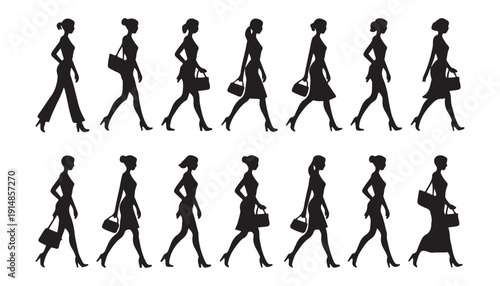 Business women silhouettes walking in elegant formal wear with stylish handbags portraying career women on white background