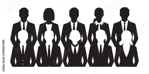 Abstract team of business professionals silhouettes with white and black layering representing company growth