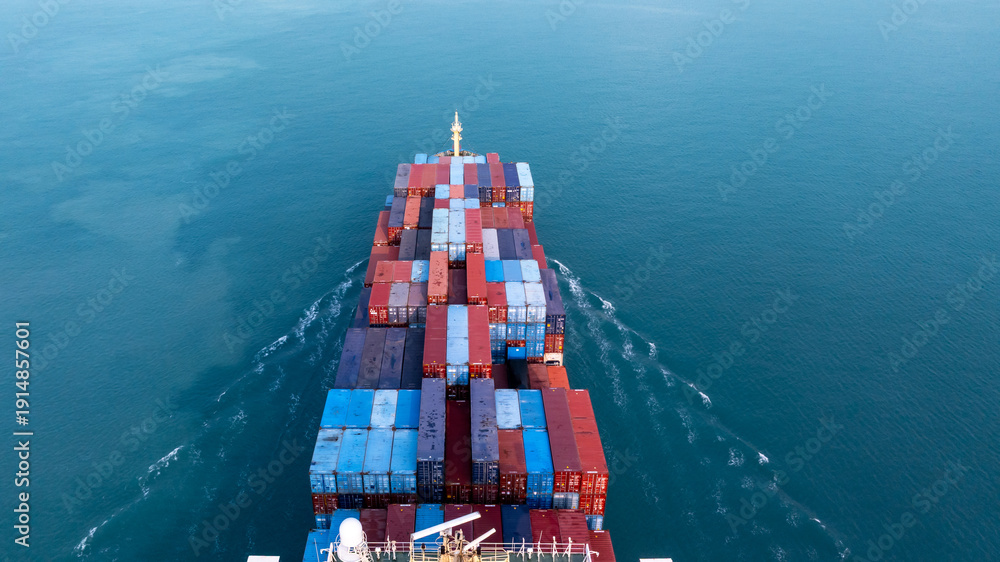 Fototapeta premium Aerial view container ship carrier container on sea, Global business logistics and Global trade transportation by container ship, Container ship freight shipping import export logistics supply chain.