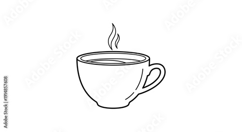 Minimalist cup of coffee with steam emanating, black and white line art