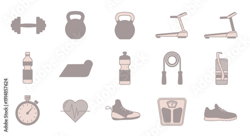 Minimalist Fitness and Wellness Icon Set Depicting Equipment and Health Essentials