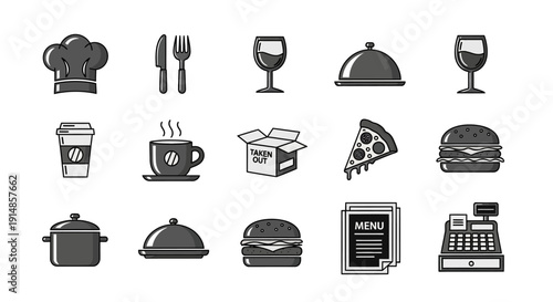 Minimalist food and dining icons representing cafe and restaurant services with style