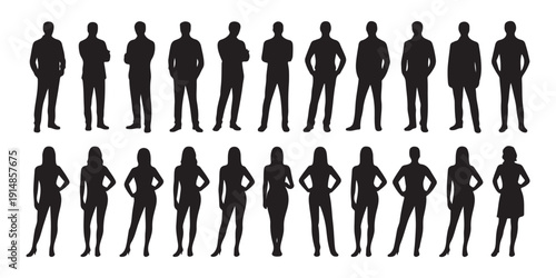 Collection of business people silhouettes, men and women in formal wear, conveying professionalism and communication.
