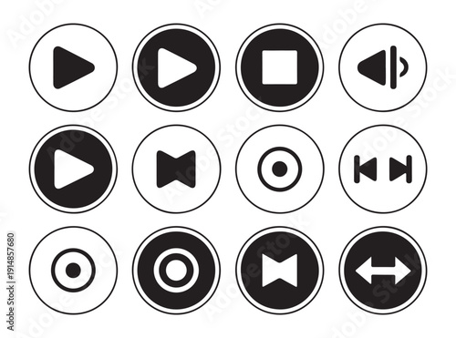 Circle multimedia control buttons set with play stop and record symbols in black and white inverted versions