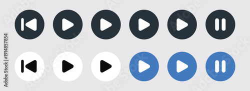 User interface playback buttons collection with color variants for active and inactive states in web design