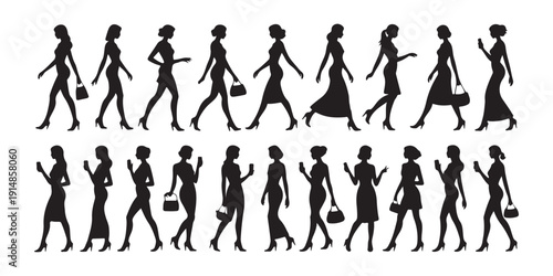 Set of black silhouettes of women walking with bags and looking at their phones on a white background