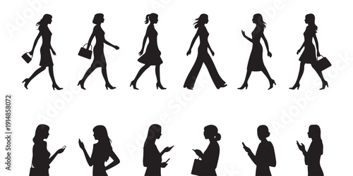 Set of black silhouettes of women walking with bags and looking at their phones on a white background