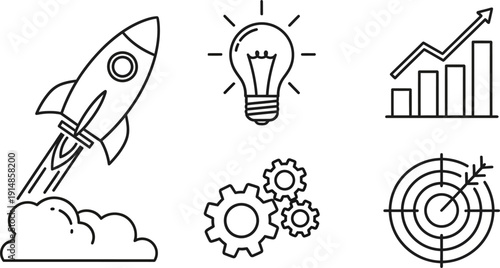 Business success and innovation icons set with rocket and lightbulb.