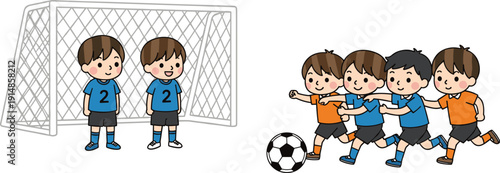 Cute Cartoon Illustration of Young Children Playing Soccer Together in a Group Chasing the Ball Near a Goal Post During a School Match