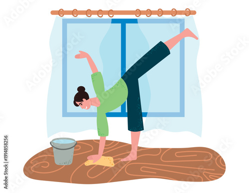 Woman cleaning floor while practicing yoga at home. Multitasking housewife character doing fitness exercises during household chores in flat style