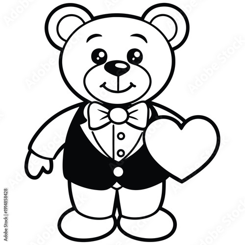 A cute cartoon bear wearing a tuxedo and holding a heart