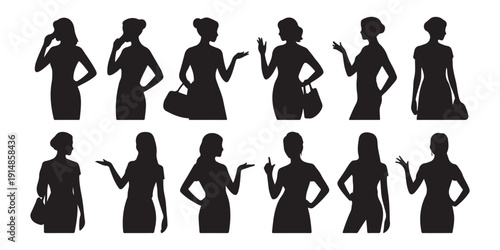 Group of diverse women in silhouette poses showing different fashion styles holding bags and phones