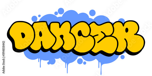 Vibrant graffiti throw up DANCER in bubbly urban street art style. Yellow bubble letters with orange drip effect for dancers, studios, and hip hop culture branding.
