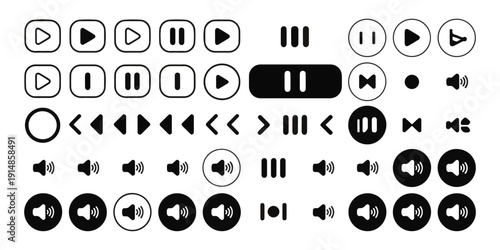 Diverse collection of multimedia playback controls icons play pause skip volume menu repeat and user profile symbols