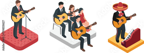 Isometric guitar performance illustration, acoustic guitarist band concert mariachi musician stage live music entertainment vector character scene design