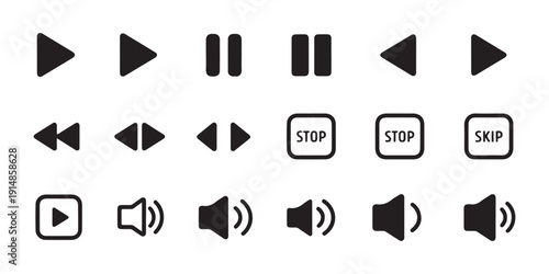 Assortment of simple black outline icons for media player functions play pause stop skip and sound adjustment