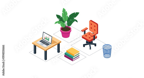 Isometric workspace design featuring a laptop, chair, plant, books, and a trash can arrangement