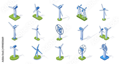 Isometric Wind Turbines Illustration Depicting Sustainable Energy and Green Technologies