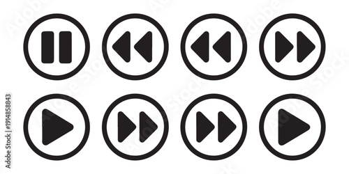 Set of black circular multimedia player icons including play pause rewind and fast forward buttons on white