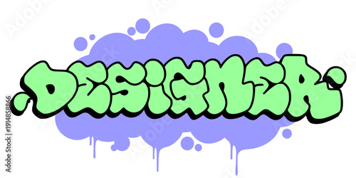 Vibrant graffiti throw up DESIGNER in bubbly urban street art style. Green bubble letters with lime drip effect for graphic designers and creative studio branding.