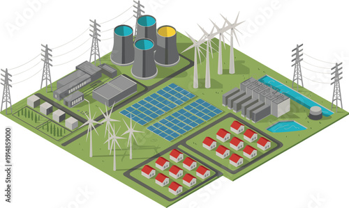 Isometric renewable energy power plant with wind turbines solar farm grid station and residential smart infrastructure illustration
