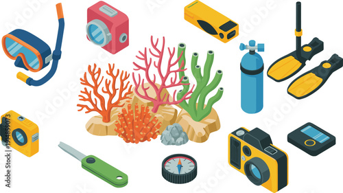 Isometric scuba diving equipment vector illustration, underwater gear set with mask fins tank camera coral exploration accessories collection