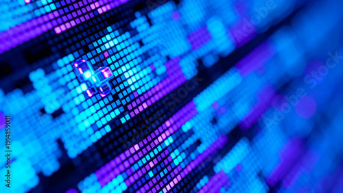Abstract macro view of a digital screen with glowing blue and purple diodes. RGB pixel texture, tech display background, electronic hardware aesthetic, smart trendy mosaic backdrop digital use AI stru