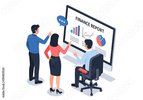 Three professionals collaboratively analyze financial data, pointing at a large monitor displaying a finance report with various colorful charts in this detailed isometric vector office illustration