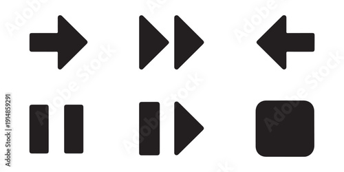 Minimalist media control icons set with play arrow fast forward rewind stop and pause symbols on background