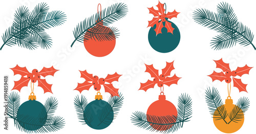 Christmas ornaments vector set with holly leaves and pine branches, modern festive holiday decoration elements for greeting cards, packaging, branding, and seasonal designs