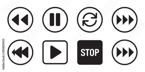 Set of isolated black and white circular and square media player control buttons, vector collection