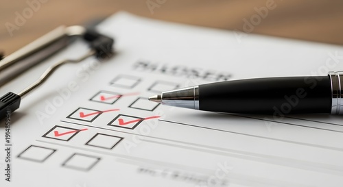 Close up of a pen checking boxes on a survey or questionnaire form