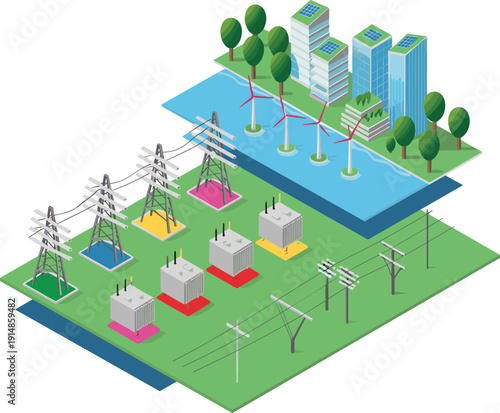 Isometric smart energy grid with wind turbines solar buildings transformers power lines and sustainable urban electricity infrastructure