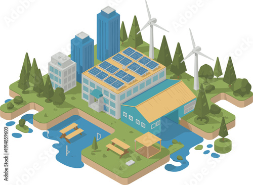 Isometric sustainable city block with solar panels wind turbines eco buildings and green park, renewable energy urban illustration