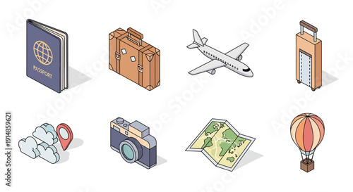 Isometric illustration of travel icons, perfect for vacation planning and tourism concepts