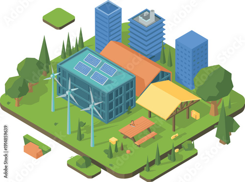 Isometric sustainable city illustration with solar panels wind turbines and green buildings, eco friendly urban energy vector design