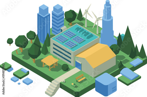 Isometric sustainable eco city illustration with solar panels wind turbines and green buildings, renewable energy urban vector design