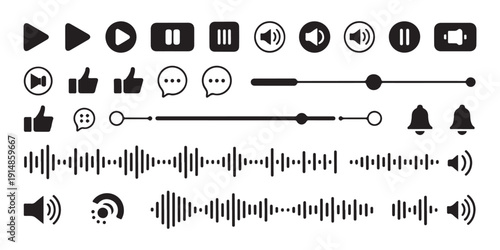 Complete multimedia interface kit with sound waves volume controls play buttons and notification bell icons